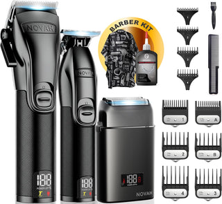 NOVAH professional hair clipper, trimmer and foil shaver set in matte black with full accessories