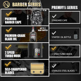 NOVAH Grooming Barber Series vs Premium Series clipper comparison showing Barber Series upgrades including premium barber cape, premium-grade blade oil, two-speed turbo mode, self-sharpening blades, and digital battery display, compared to Premium Series standard cape, starter oil bottle, and stainless steel blades.