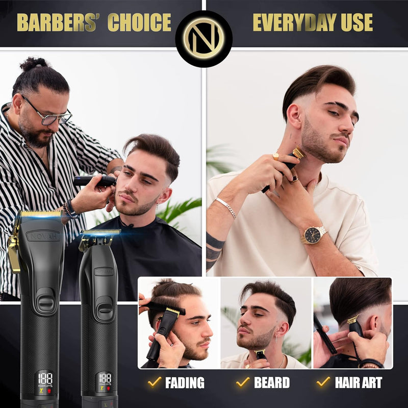 Professional barber using NOVAH Grooming cordless hair clippers for fades, beard trimming, and lineup detailing