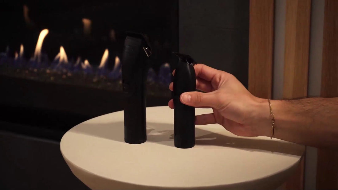 NOVAH clipper and trimmer standing on a small table beside a fireplace
