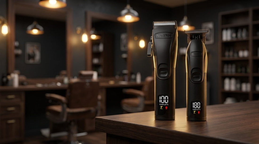 NOVAH Pro Clipper and Trimmer on a walnut barber station at night, an AI-styled scene made from our product photo