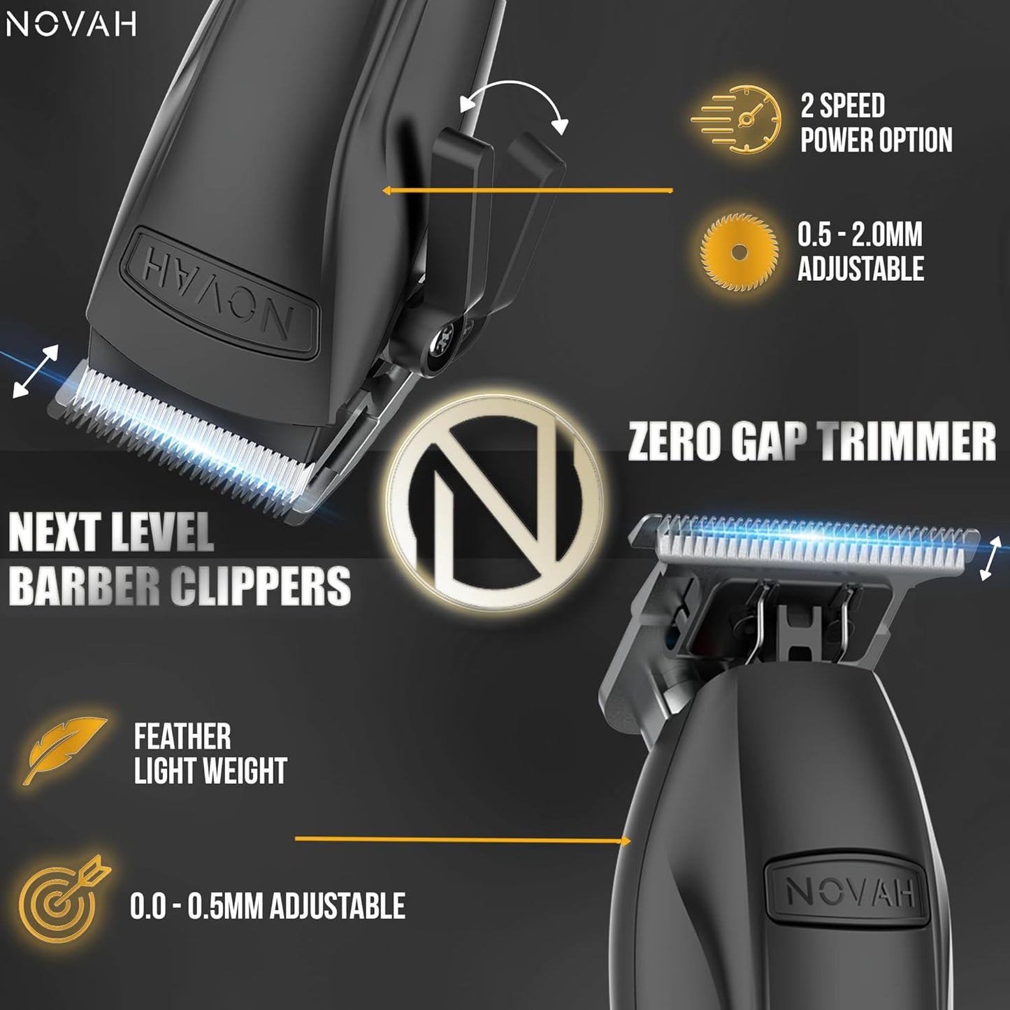 Cordless barber hair trimmer with zero-gap blade and adjustable taper lever for fade haircuts by NOVAH Grooming