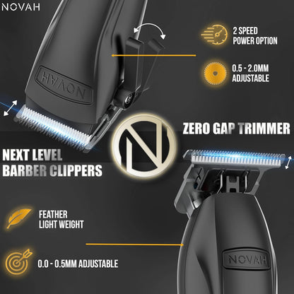 Cordless barber hair trimmer with zero-gap blade and adjustable taper lever for fade haircuts by NOVAH Grooming