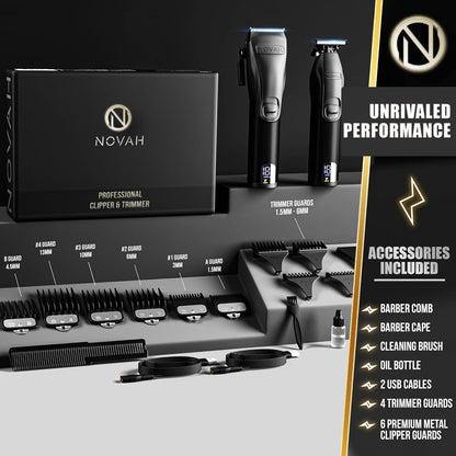 Novah professional hair clipper and trimmer kit with guards, barber comb, cape, cleaning brush, oil bottle, USB charging cables, and branded box.