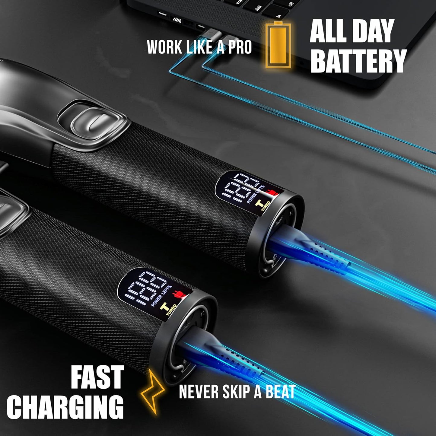 Novah cordless hair clippers charging via USB cable, featuring LED battery display and fast-charging, all-day battery performance.