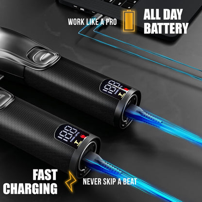 Novah cordless hair clippers charging via USB cable, featuring LED battery display and fast-charging, all-day battery performance.