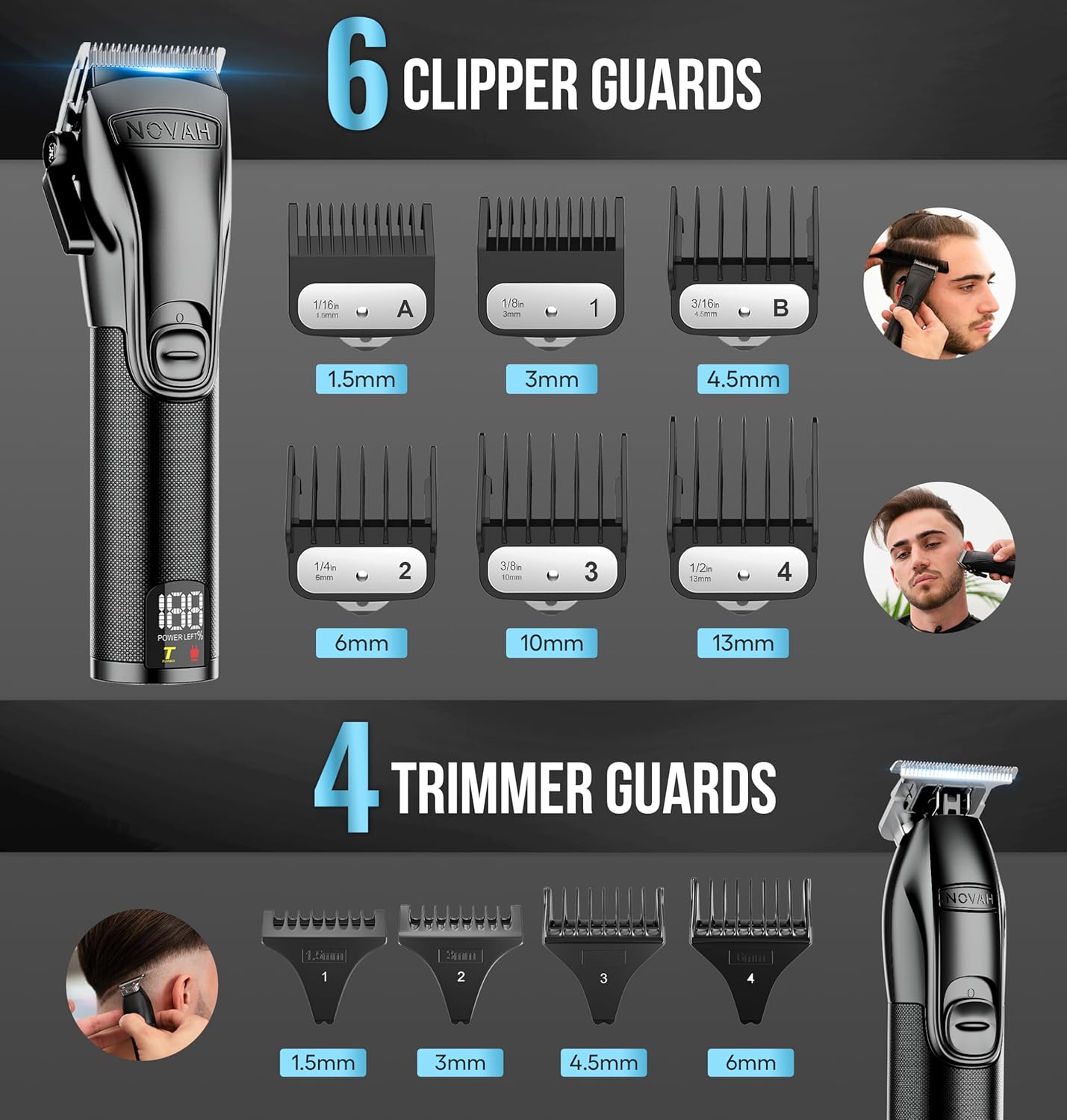 NOVAH Grooming professional hair clipper and trimmer set with 10 clipper guards and 4 trimmer guards
