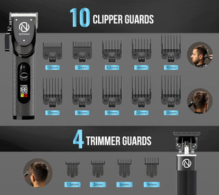NOVAH Grooming professional hair clipper and trimmer set with 10 clipper guards and 4 trimmer guards