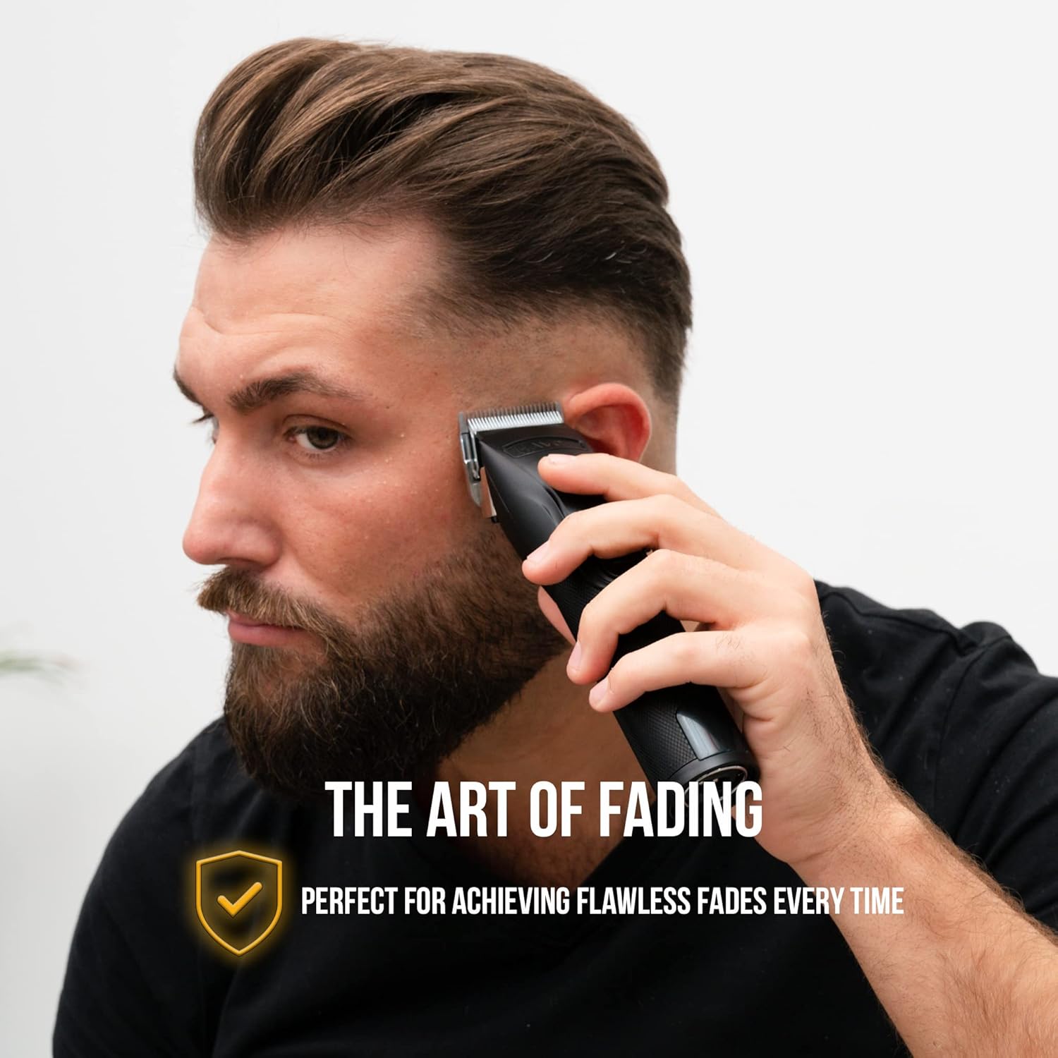 Man using Novah professional hair clippers to create a clean fade haircut, demonstrating precision trimming and barber-quality performance.