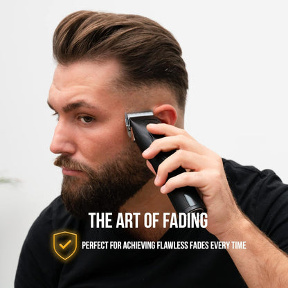 Man using Novah professional hair clippers to create a clean fade haircut, demonstrating precision trimming and barber-quality performance.