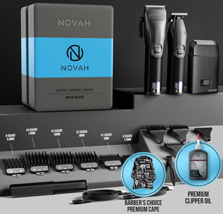 NOVAH professional hair clipper, trimmer and foil shaver set in matte black with full accessories