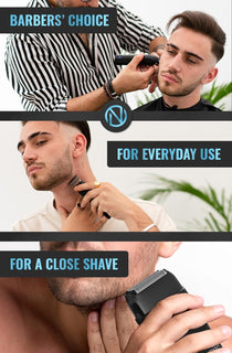 Barber using NOVAH Grooming professional hair clipper, hair trimmer. and foil shaver bundle for fade haircut and detailing