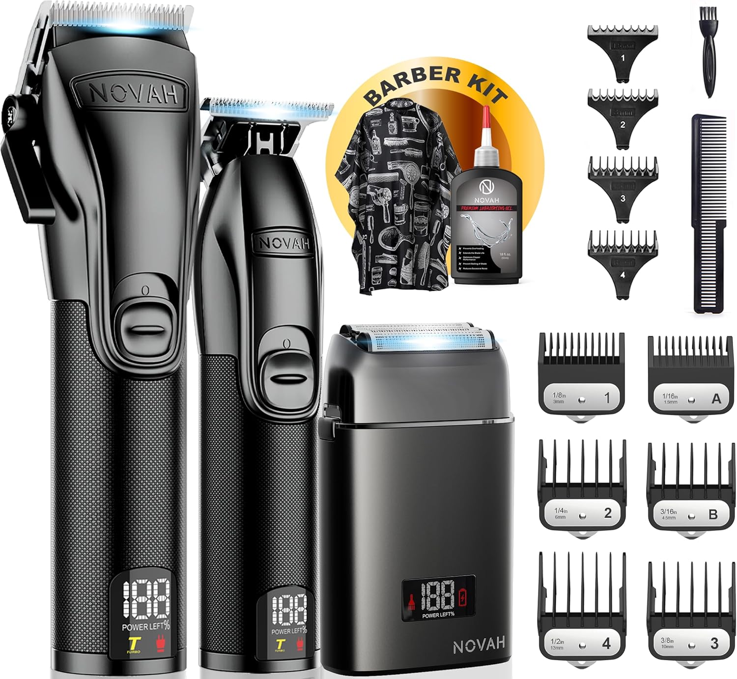 NOVAH professional hair clipper, trimmer and foil shaver set in matte black with full accessories