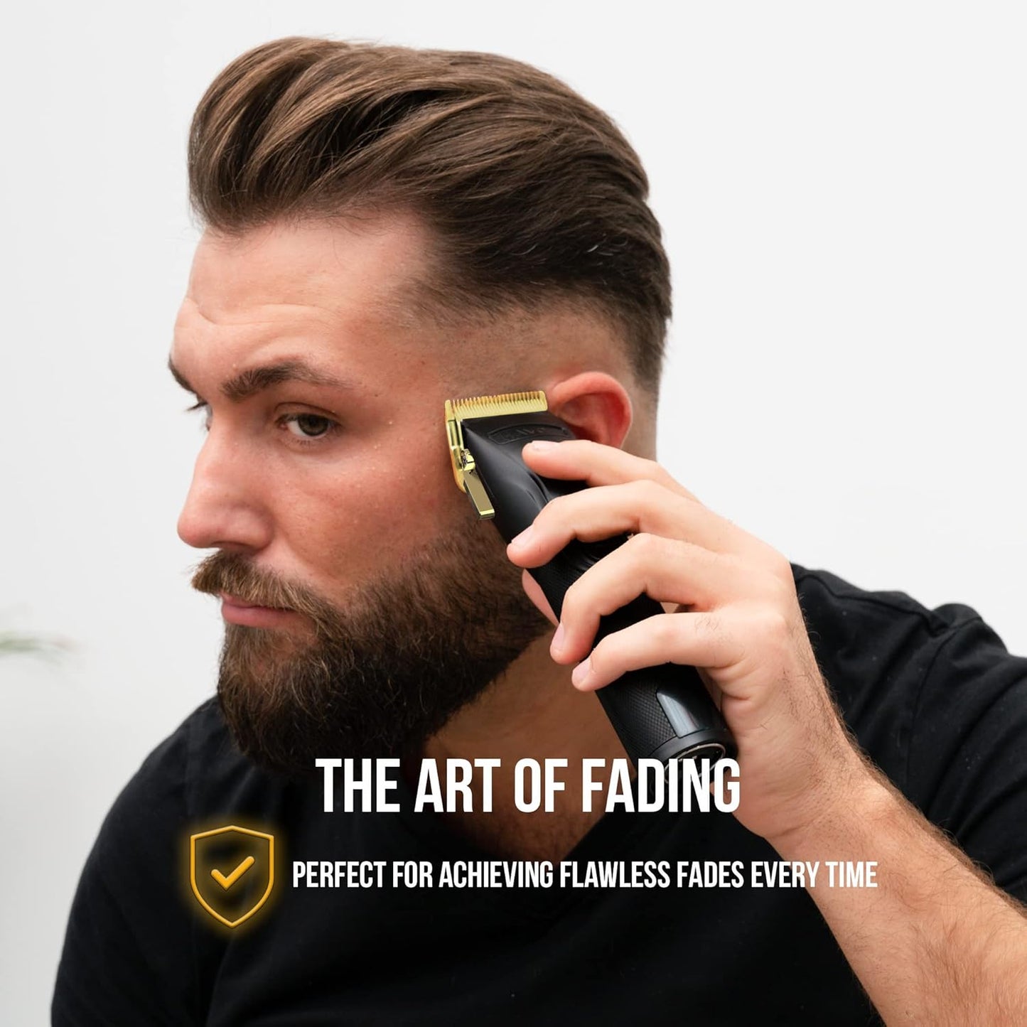 Man using Novah professional hair clippers to create a clean fade haircut, demonstrating precision trimming and barber-quality performance.
