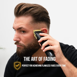 Man using Novah professional hair clippers to create a clean fade haircut, demonstrating precision trimming and barber-quality performance.