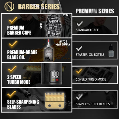 NOVAH Grooming Barber Series vs Premium Series clipper comparison showing Barber Series upgrades including premium barber cape, premium-grade blade oil, two-speed turbo mode, self-sharpening blades, and digital battery display, compared to Premium Series standard cape, starter oil bottle, and stainless steel blades.