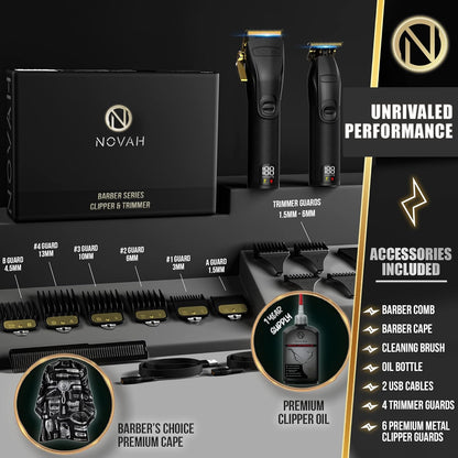 Novah professional hair clipper and trimmer kit with guards, barber comb, cape, cleaning brush, oil bottle, USB charging cables, and branded box.