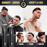 Professional barber using NOVAH Grooming cordless hair clippers for fades, beard trimming, and lineup detailing