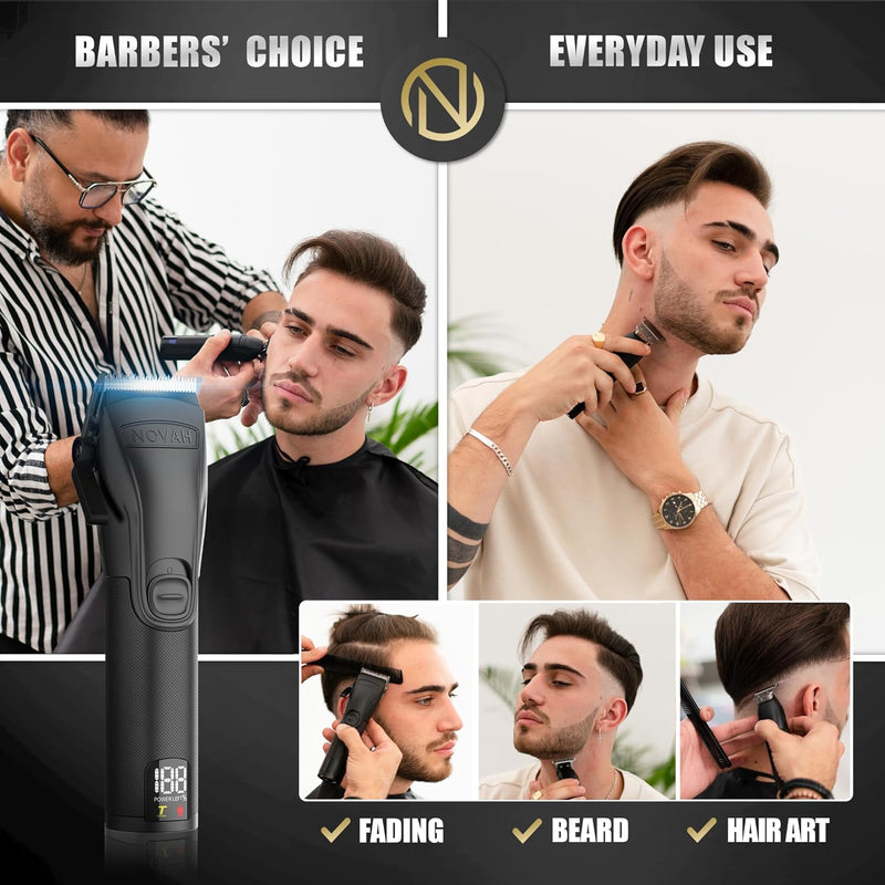 Professional barber using NOVAH Grooming cordless hair clippers for fades, lineups, and beard trimming